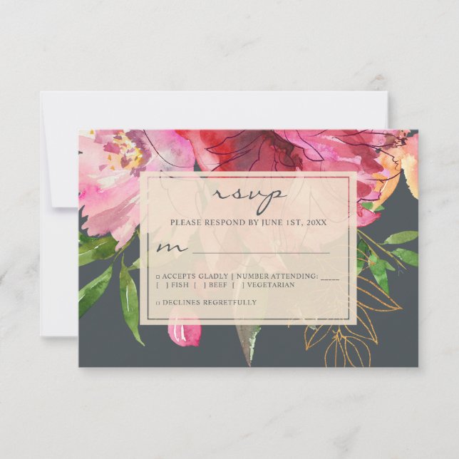 Ruby Pink Peony Ivory Floral Wedding RSVP Karte (Vorderseite)