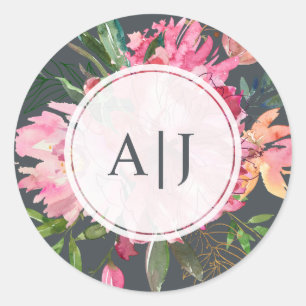 Ruby Pink Pfingstrose Florale Botanische Monogramm Runder Aufkleber