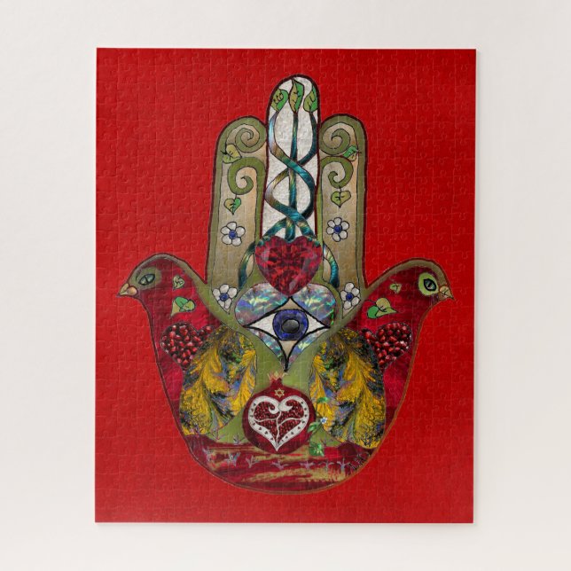 Ruby Pomegranate Heart Red Bird Hamsa (Vertikal)