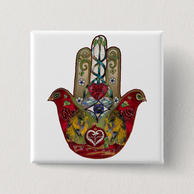 Ruby Pomegranate Heart Red Bird Hamsa Button (Vorderseite)