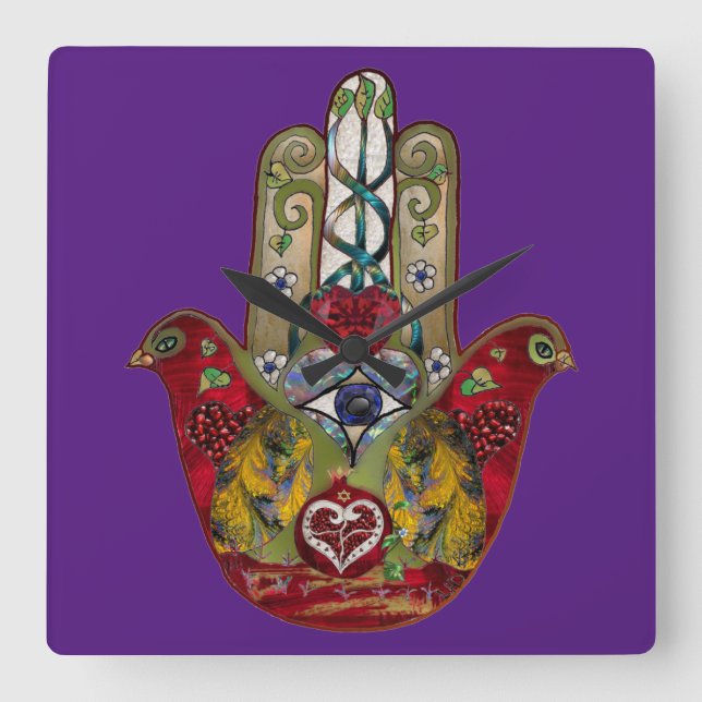 Ruby Pomegranate Heart Red Bird Hamsa Quadratische Wanduhr (Vorderseite)