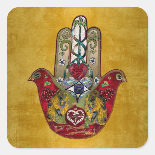 Ruby Pomegranate Heart Red Bird Hamsa Quadratischer Aufkleber (Vorderseite)