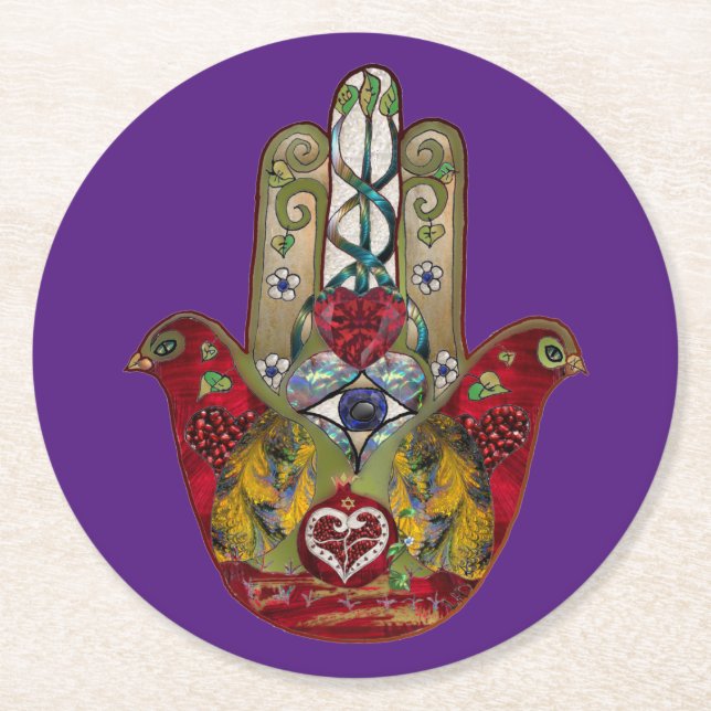 Ruby Pomegranate Heart Red Bird Hamsa Runder Pappuntersetzer (Vorderseite)