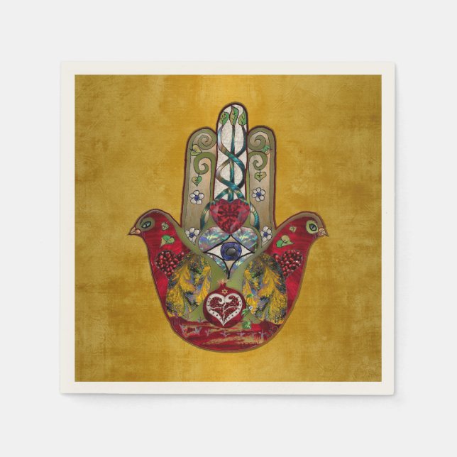 Ruby Pomegranate Heart Red Bird Hamsa Serviette (Vorderseite)