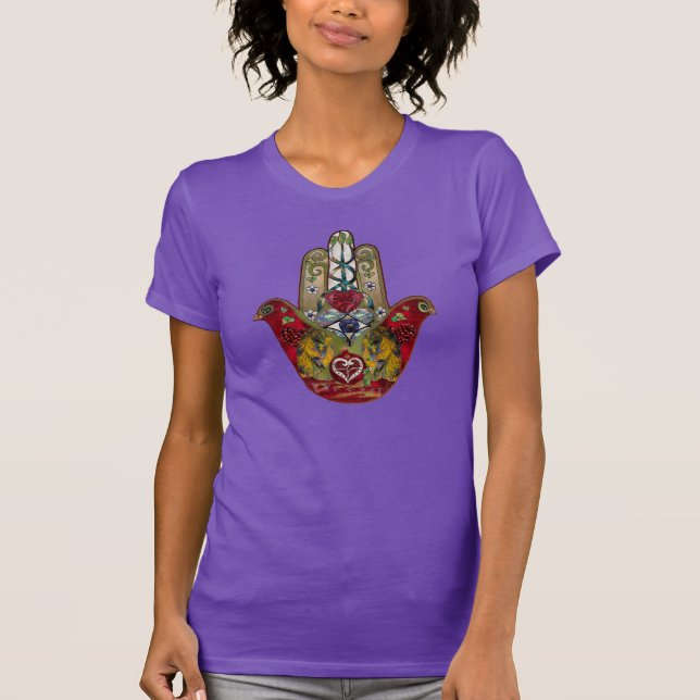 Ruby Pomegranate Heart Red Bird Hamsa T-Shirt (Vorderseite)