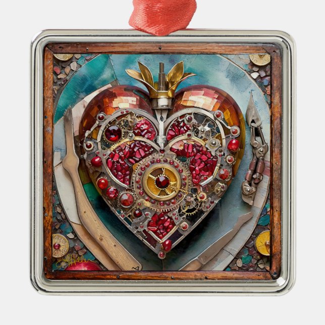 Ruby Pomegranate Heart Steampunk Serie Ornament Aus Metall (Vorne)