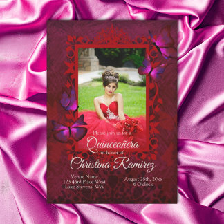 Ruby Red, Antique Butterfly Quinceanera Einladung