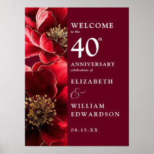 Ruby Red Chic Floral 40 Jahre Geburtstag Begrüßung Poster