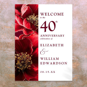 Ruby Red Chic Floral 40. Jubiläums-Willkommensschi Poster