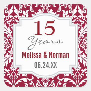 Ruby Red Damask A04A zum 15. Hochzeitstag Quadratischer Aufkleber