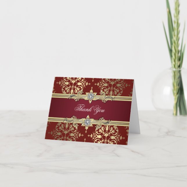 Ruby Red et Gold Damask Merci Cartes (Devant)