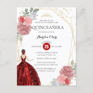 Ruby Red Floral Geometrique Quinceañera Invitation