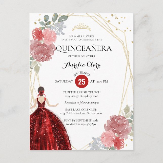 Ruby Red Floral Geometrique Quinceañera Invitation (Devant)