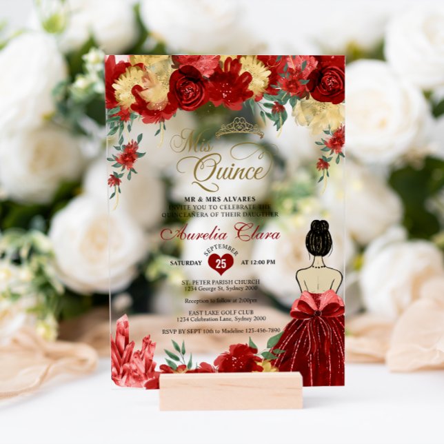 Ruby Red Floral Princess Mis Quince Quinceañera Acryleinladungen (Von Creator hochgeladen)