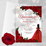 Ruby Red Floral Rose & Gold Elegante Quinceñera Einladung<br><div class="desc">Quinceanera Einladung in rote Rose in Roby mit goldenen Akzenten und ein Mädchen mit elegantem Ballkleid. Karo den Shop für diese Einladung mit Mädchen in verschiedenen Haarfarben und Hautfarben.</div>
