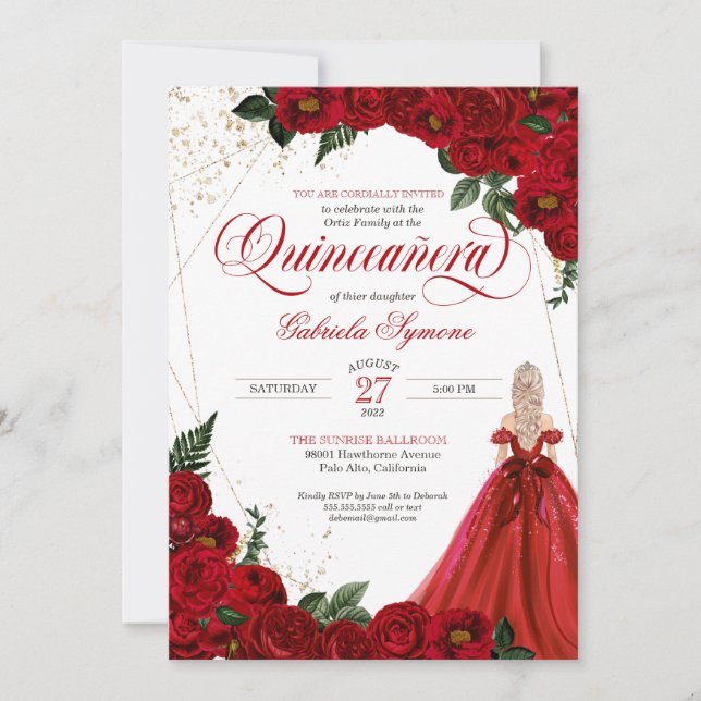 Ruby Red Floral Rose & Golden Traumstrecke Airolo  Einladung (Vorderseite)