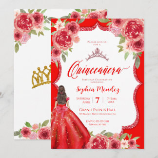 Ruby Red Floral Watercolor Quinceanera Einladung