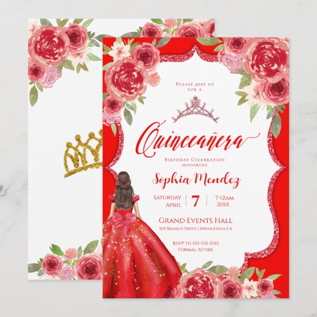 Ruby Red Floral Watercolor Quinceanera Einladung (Vorne/Hinten)