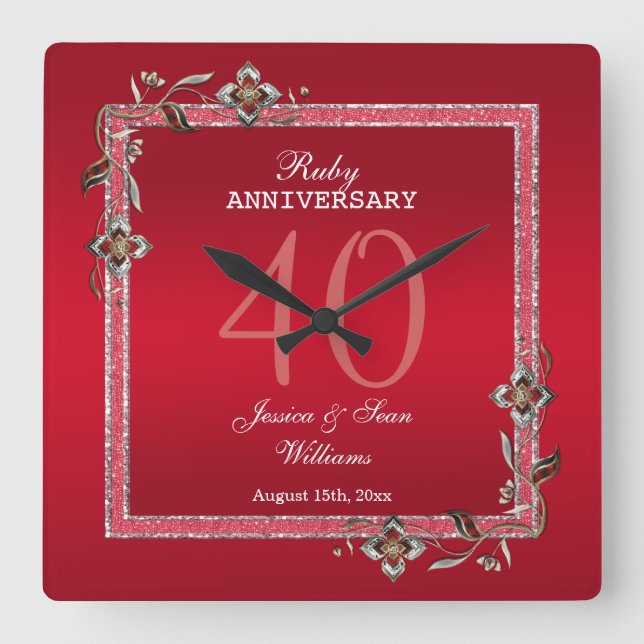 Ruby Red Gems & Glitzer Ruby 40TH Wedding Quadratische Wanduhr (Vorderseite)