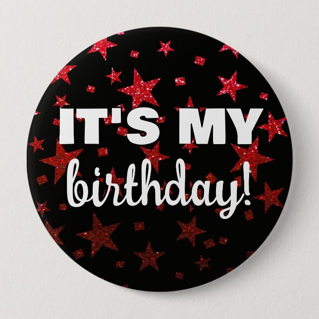Ruby Red Glitzer Stars Confetti Es ist mein Geburt Button (Vorderseite)