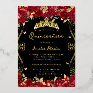 Ruby Red Gold Swirl Scroll Floral Quinceanera Folieneinladung