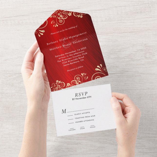 Ruby Red Gold Swirl Wedding All In One Einladung (Abreißen)