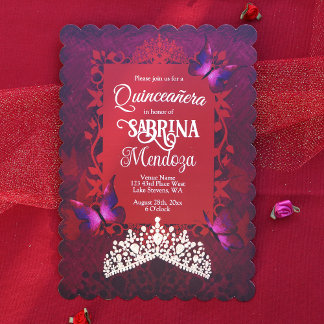 Ruby Red, Gold Tiara, Rosa Schmetterlinge Quincean Einladung