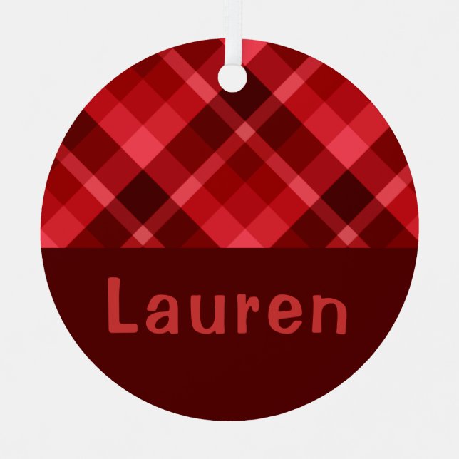 Ruby Red Kariert Monogram Circle Metal Ornament Aus Metall (Vorderseite)