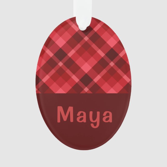 Ruby Red Kariert Monogram Oval Acrylic Ornament (Vorderseite)