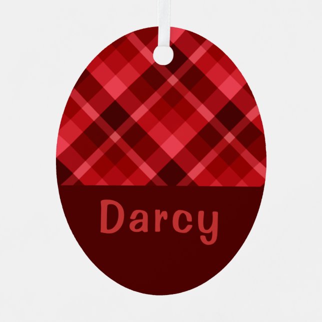Ruby Red Kariert Monogram Oval Metal Ornament (Vorderseite)