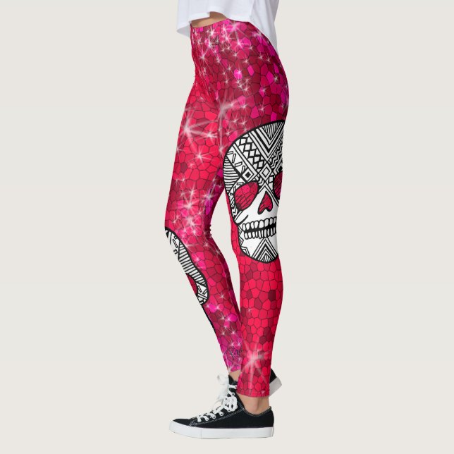 Ruby Red Kristall Glitzer Sequin Sugar Skulls Leggings (Links)