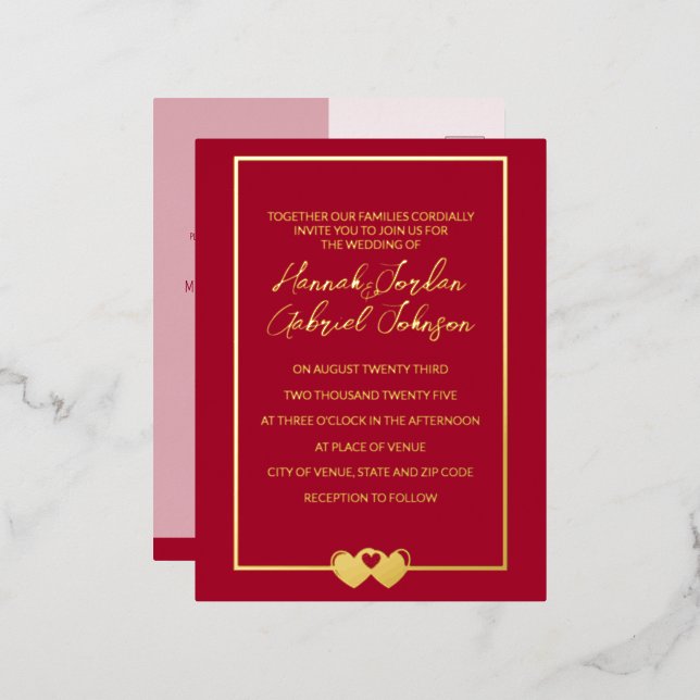 Ruby Red Mariage Foil Invitation carte postale RSV (Recto/Verso)
