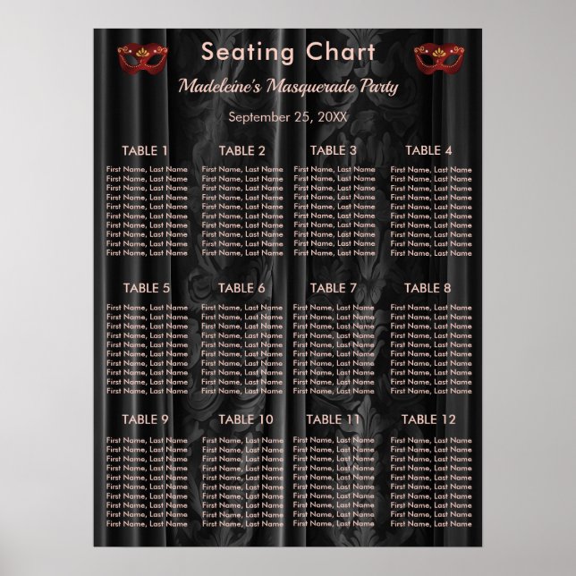 Ruby Red Masquerade Schwarz Damast 12 Tische Sitzo Poster (Vorne)