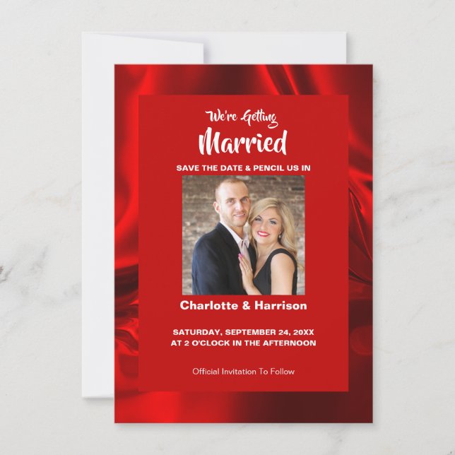 Ruby Red Modern Satin Glam Foto Wedding Save The Date (Vorderseite)