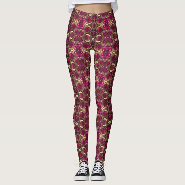 Ruby Red Pink Gold Gemstone Muster Eleganter Chic Leggings (Vorderseite)