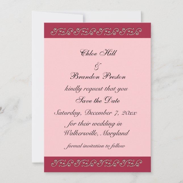 Ruby Red, Pink und Pearls Save the Date (Vorderseite)