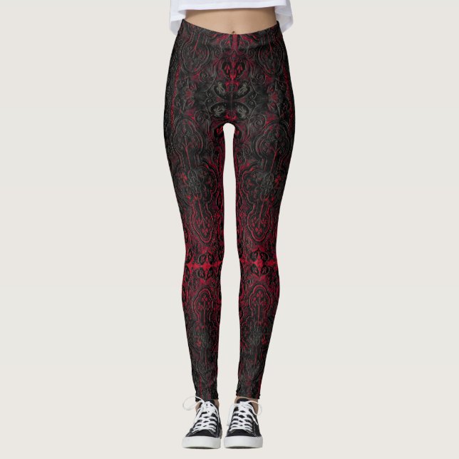 Ruby Red Romantic Weathered Gothic Crosses Pattern Leggings (Vorderseite)