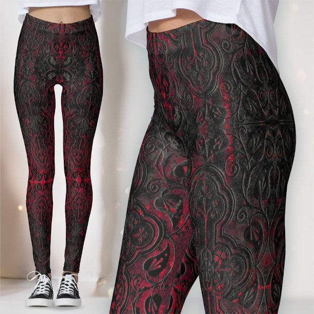 Ruby Red Romantic Weathered Gothic Crosses Pattern Leggings (Von Creator hochgeladen)
