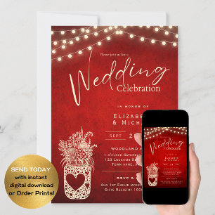 Ruby Red Rustic Mason Jar Wedding DIGITAL Print Einladung