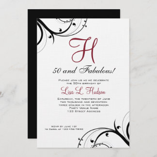 Ruby Red Schwarz-weiß Wirbel 50. Geburtstag Einladung