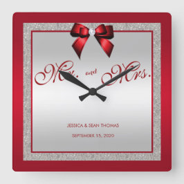 Ruby Red & Silver Glitzer Wedding Day Quadratische Wanduhr