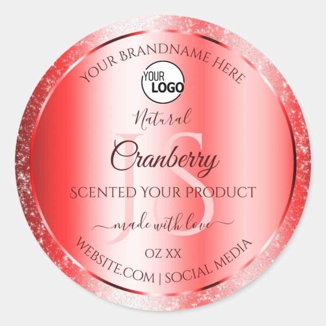 Ruby Red Soft Glitzer Product Labels Monogram Logo Runder Aufkleber (Vorderseite)