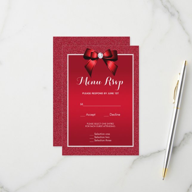 Ruby Red & Stylish Gem Mariage Menu RSVP (Devant/Arrière en situation)