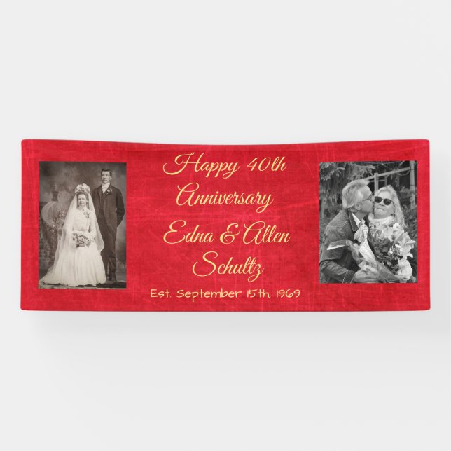 Ruby Red und Gold Happy 40th Anniversary Banner (Horizontal)
