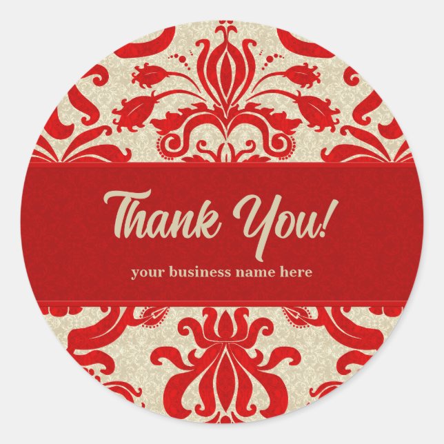 Ruby Red und Taupe Damask Perfekt für Unternehmen Runder Aufkleber (Vorderseite)