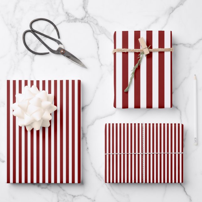 Ruby Red & White Streifen Geschenkpapier Set (Vorderseite)