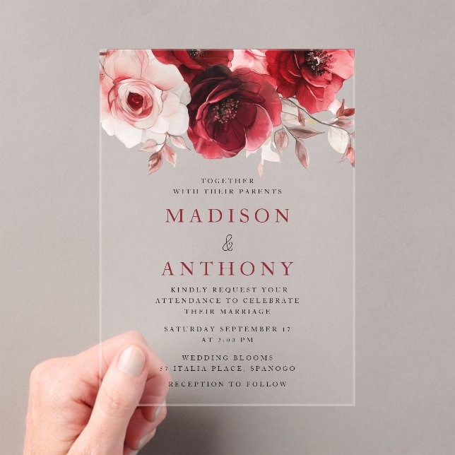 Ruby Red Wine Luxe Radiant Floral Wedding Acryleinladungen (Insitu (Handheld))