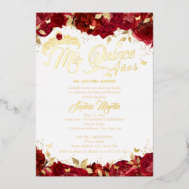 Ruby Rose Red Mis Quince Gold Quinceanera Folieneinladung (Vorderseite)