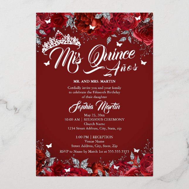 Ruby Rose Red Silver Mis Quince Quinceanera Folieneinladung (Vorderseite)