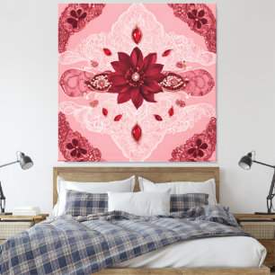 Ruby-Rot- und Weißspitzen-Blumenmandala Leinwanddruck